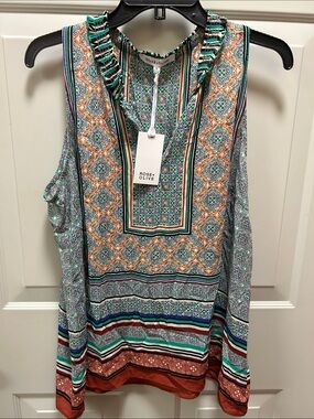 Rose & Olive Teal, Rust & Cream Ruffled-Neck Sleeveless Tank